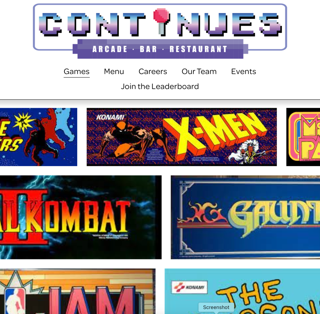 Continues Arcade logo with arcade game logos beneath including X-MEN, Space Invaders, Mortal Kombat II, and Ms. Pac-Man